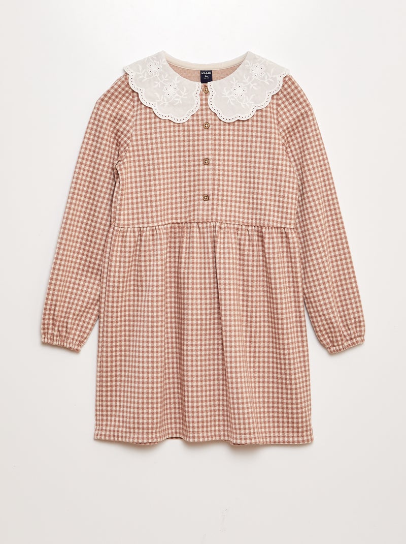 Vestido comprido aos quadrados com gola larga BEGE - Kiabi