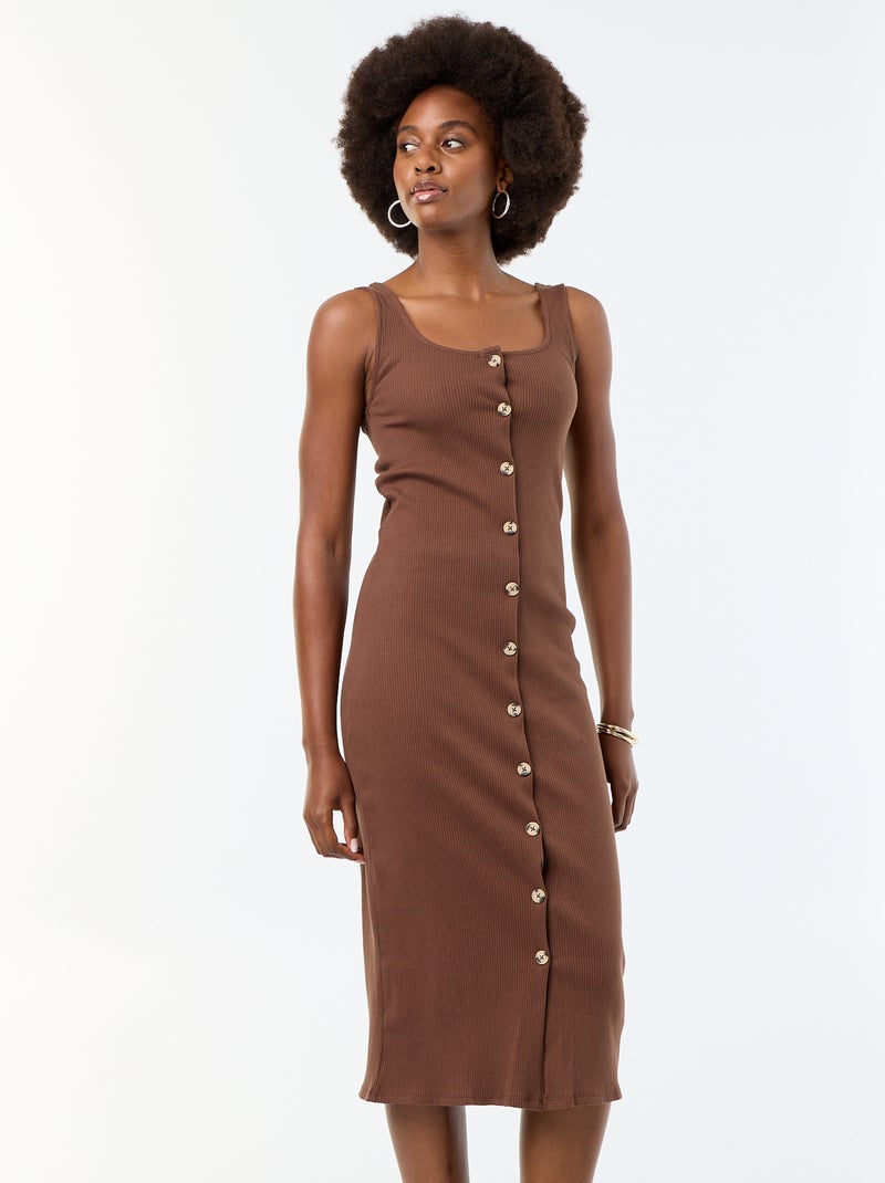 Vestido comprido canelado Castanho - Kiabi