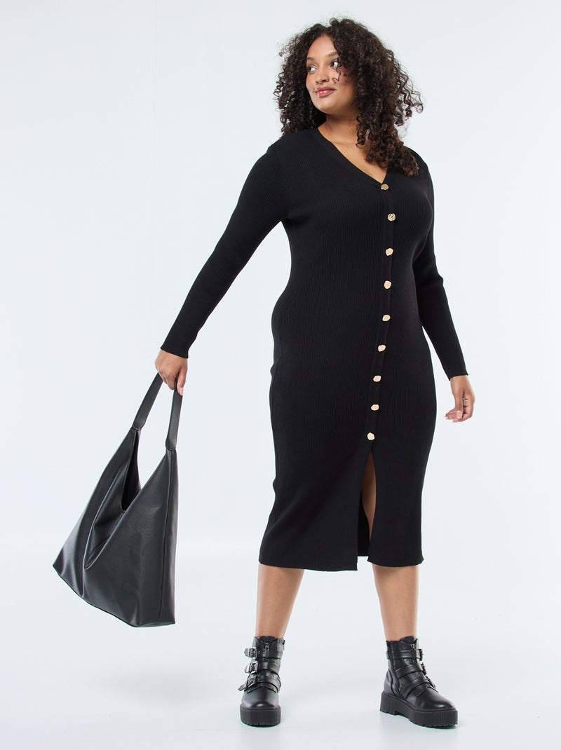 Vestido comprido canelado com botões dourados Preto - Kiabi
