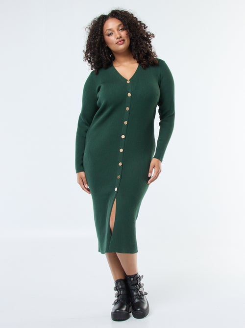 Vestido comprido canelado com botões dourados - Kiabi