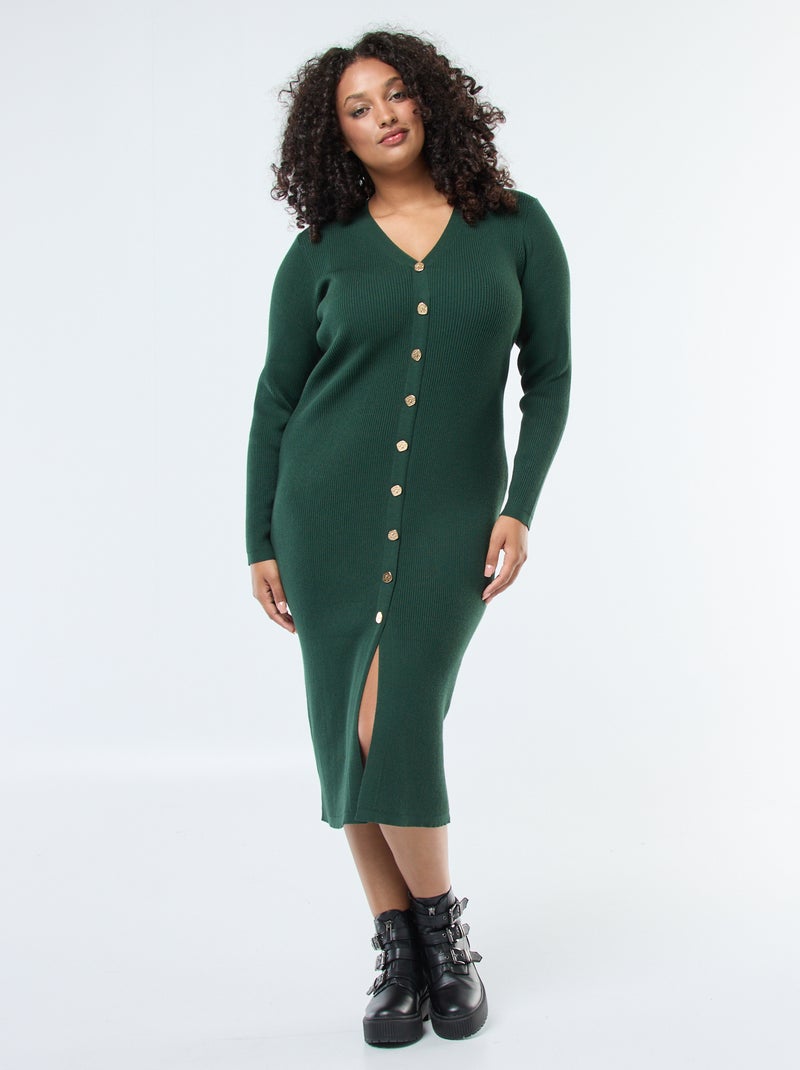 Vestido comprido canelado com botões dourados Verde - Kiabi