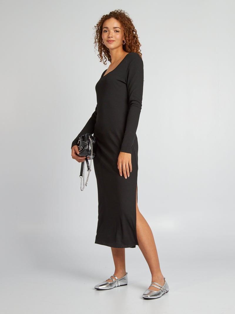 Vestido comprido canelado com gola quadrada Preto - Kiabi