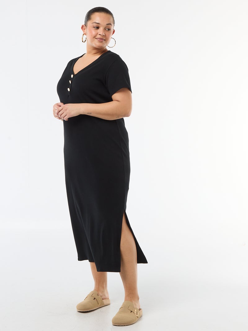 Vestido comprido canelado de manga curta Preto - Kiabi