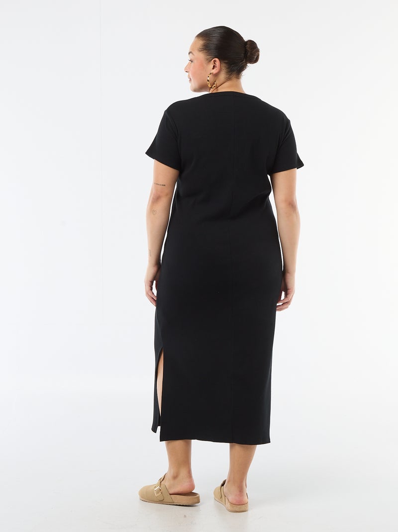 Vestido comprido canelado de manga curta Preto - Kiabi