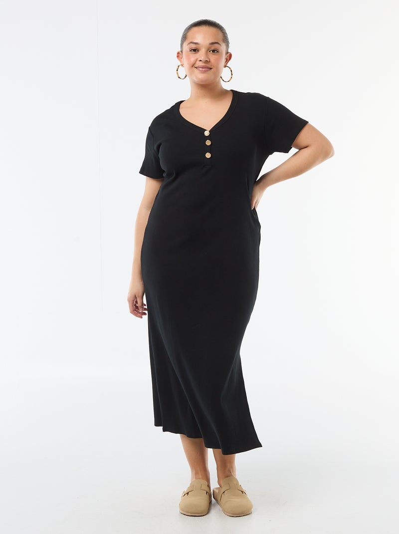 Vestido comprido canelado de manga curta Preto - Kiabi