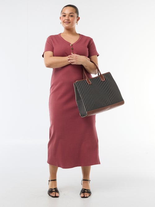 Vestido comprido canelado de manga curta - Kiabi