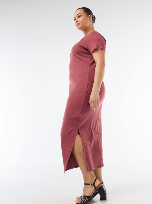 Vestido comprido canelado de manga curta - Kiabi