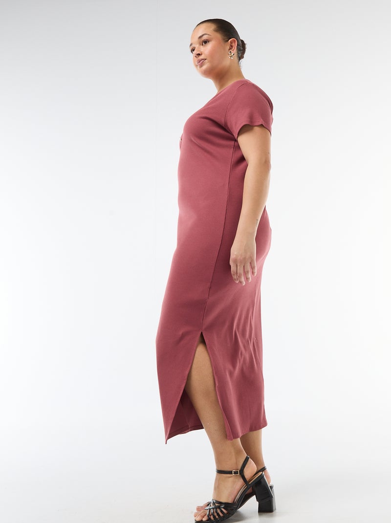 Vestido comprido canelado de manga curta Vermelho - Kiabi