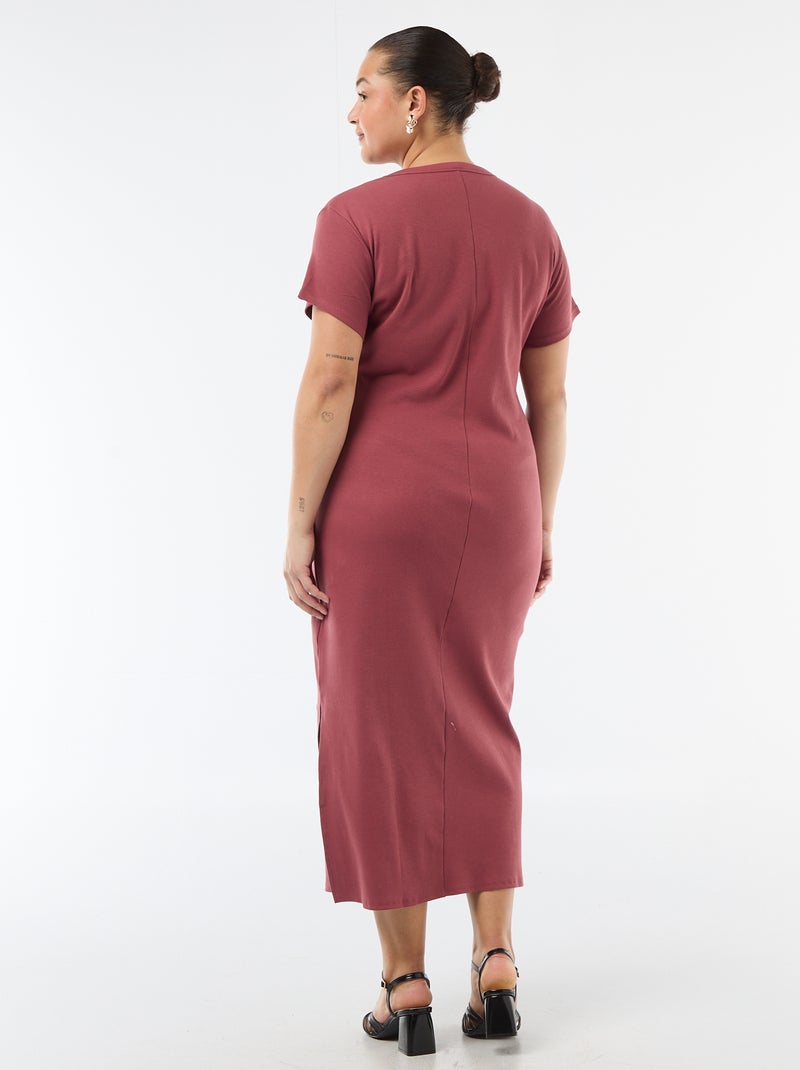 Vestido comprido canelado de manga curta Vermelho - Kiabi