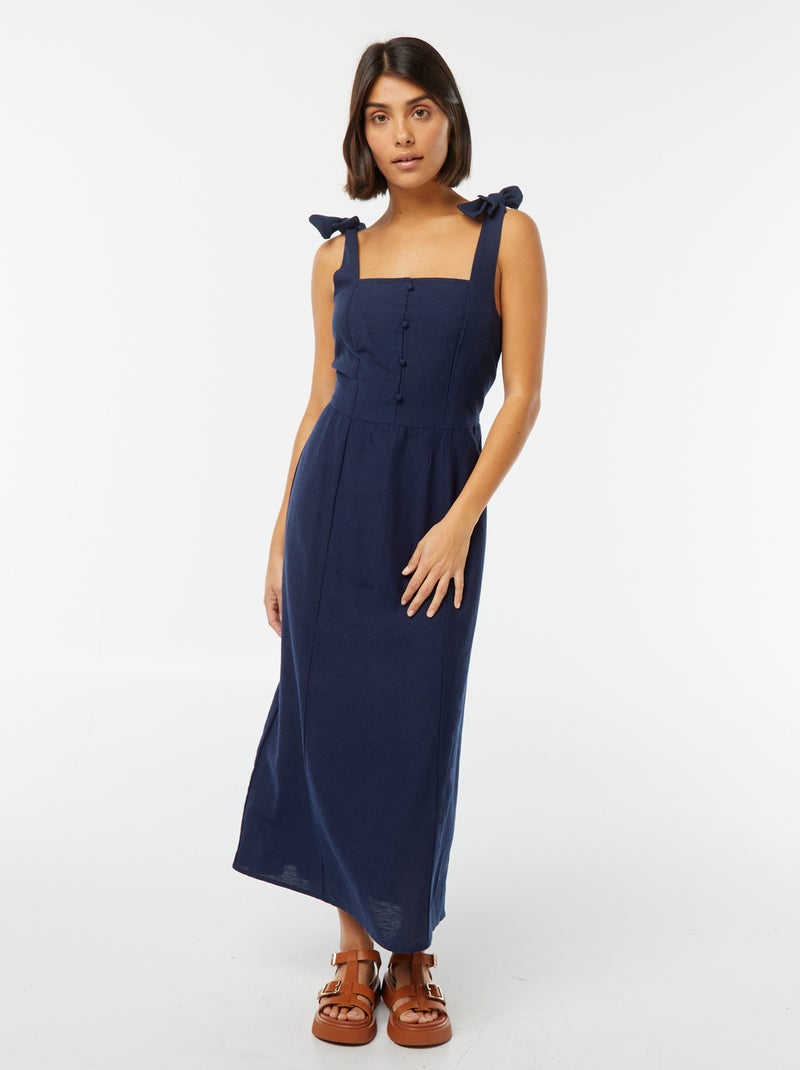 Vestido comprido com alças em mistura de linho Preto - Kiabi