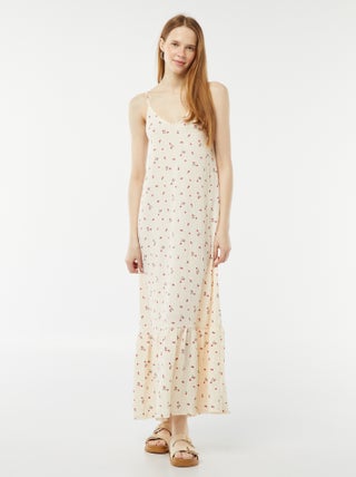 Vestido comprido com alças finas de material gofrado