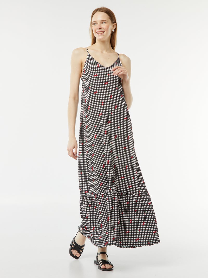 Vestido comprido com alças finas de material gofrado PRETO - Kiabi