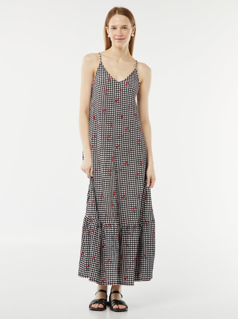 Vestido comprido com alças finas de material gofrado PRETO - Kiabi