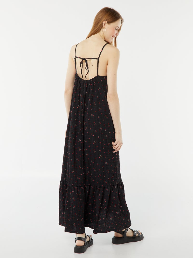 Vestido comprido com alças finas de material gofrado PRETO - Kiabi