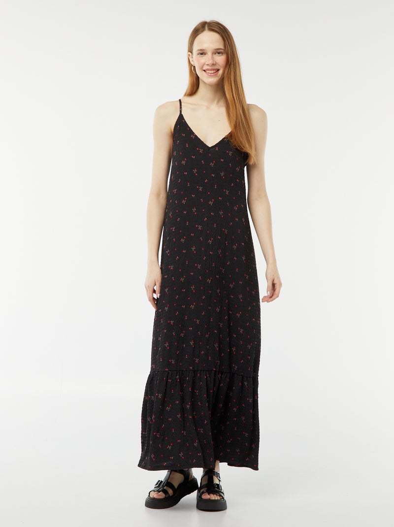 Vestido comprido com alças finas de material gofrado PRETO - Kiabi