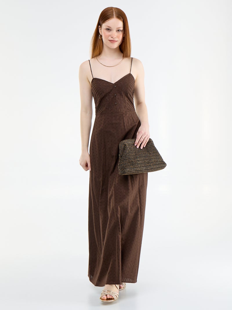 Vestido comprido com alças finas e bordados Castanho - Kiabi