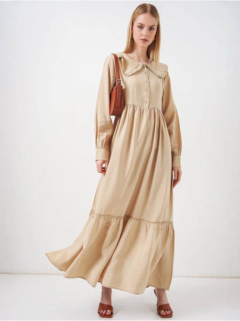 Vestido comprido com colarinho baby e fecho de botões bdart Bege-argila - Kiabi