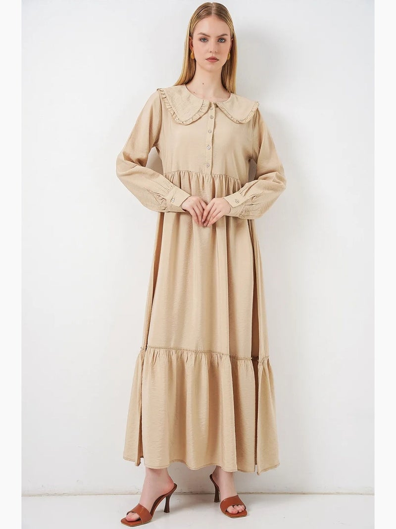 Vestido comprido com colarinho baby e fecho de botões bdart Bege-argila - Kiabi