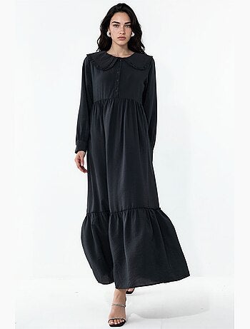 Vestido comprido com colarinho baby e fecho de botões bdart