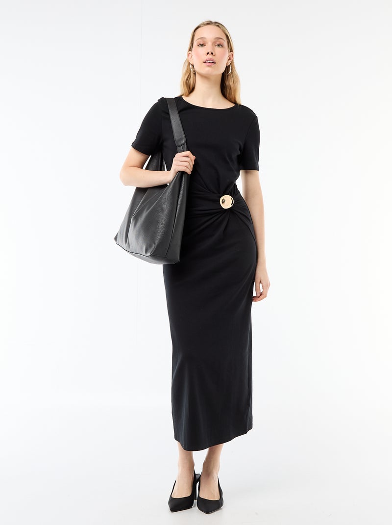 Vestido comprido com corte drapeado e detalhe de bijuteria Preto - Kiabi