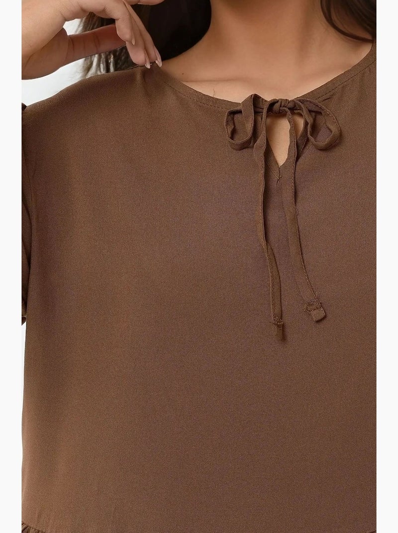 Vestido comprido com corte em a e gola redonda hiccup Castanho - Kiabi