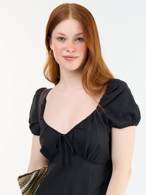 Vestido comprido com decote bardot - Kiabi