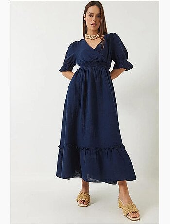 Vestido comprido com decote cruzado, cintura elástica e mangas lucci