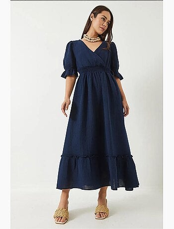 Vestido comprido com decote cruzado, cintura elástica e mangas lucci