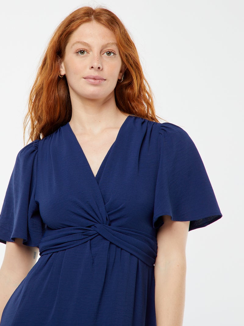 Vestido comprido com decote cruzado e efeito de laço Azul - Kiabi