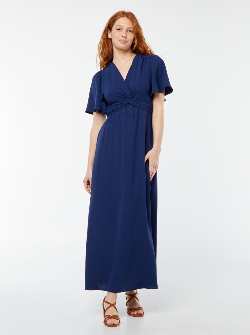 Vestido comprido com decote cruzado e efeito de laço Azul - Kiabi