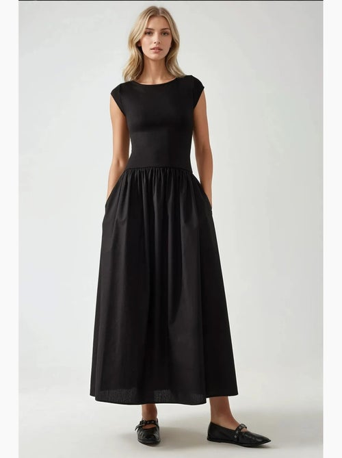 Vestido comprido com decote em bico e corte em a hiccup - Kiabi Vestido comprido com decote em bico e corte em a hiccup - Kiabi