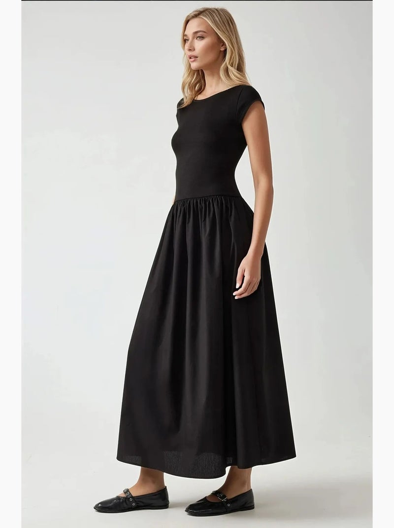 Vestido comprido com decote em bico e corte em a hiccup Preto - Kiabi