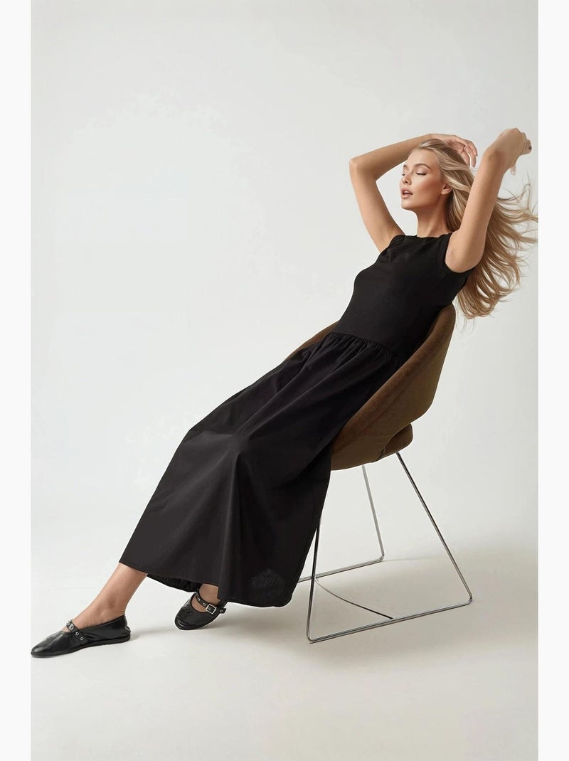 Vestido comprido com decote em bico e corte em a hiccup Preto - Kiabi