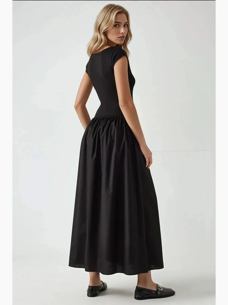 Vestido comprido com decote em bico e corte em a hiccup Preto - Kiabi