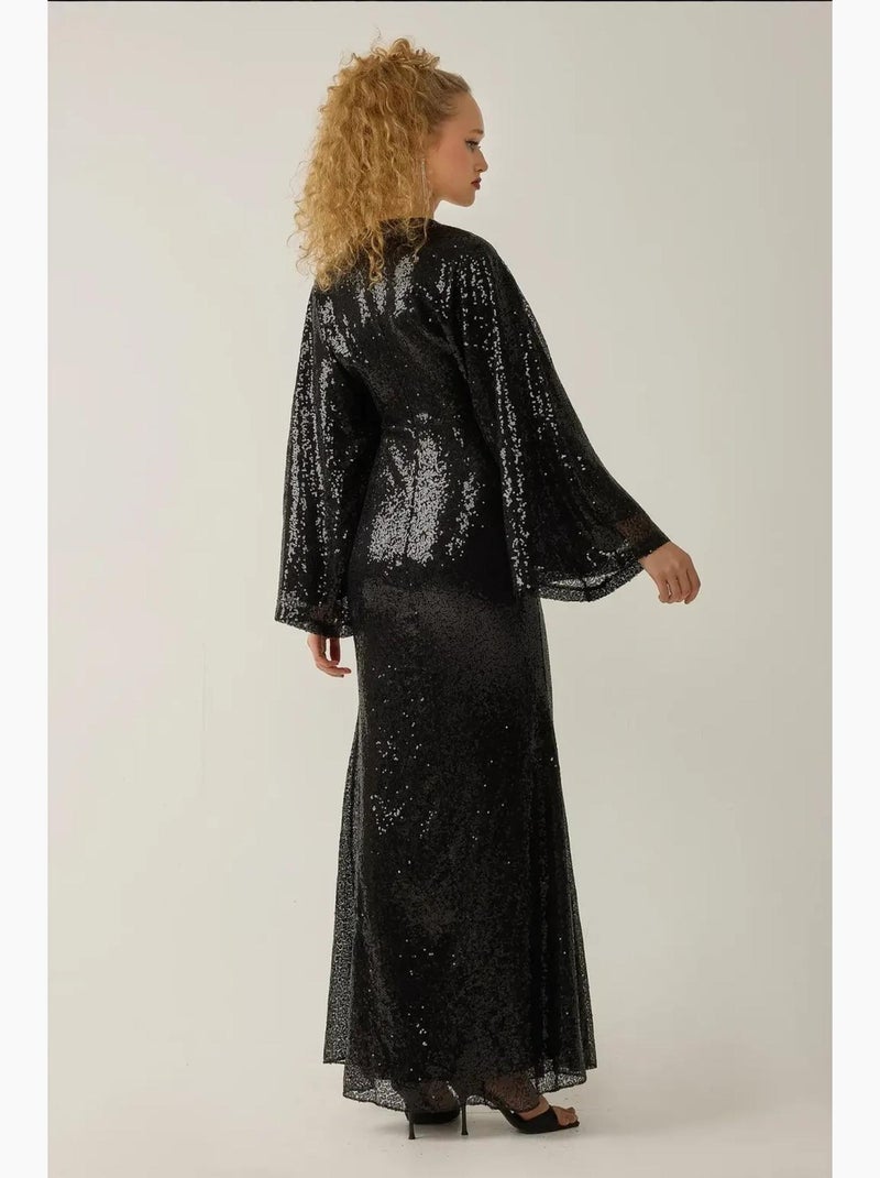 Vestido comprido com decote em v e manga anjo e lantejoulas hiccup Preto - Kiabi
