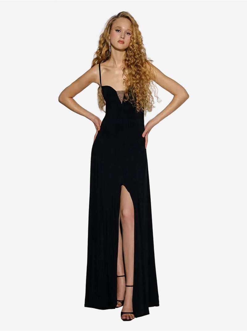 Vestido comprido com decote em V e racha Preto - Kiabi