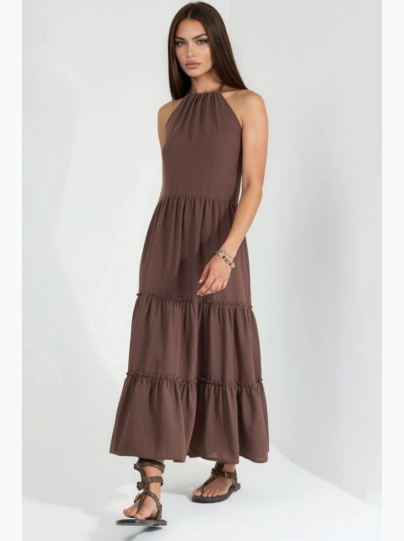 Vestido comprido com decote halter e detalhes de folhos busem Castanho-claro - Kiabi
