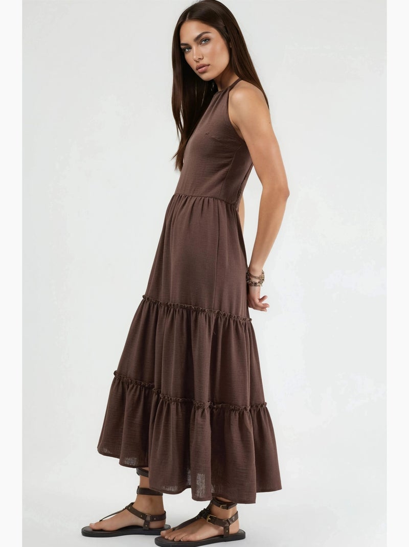 Vestido comprido com decote halter e detalhes de folhos busem Castanho-claro - Kiabi