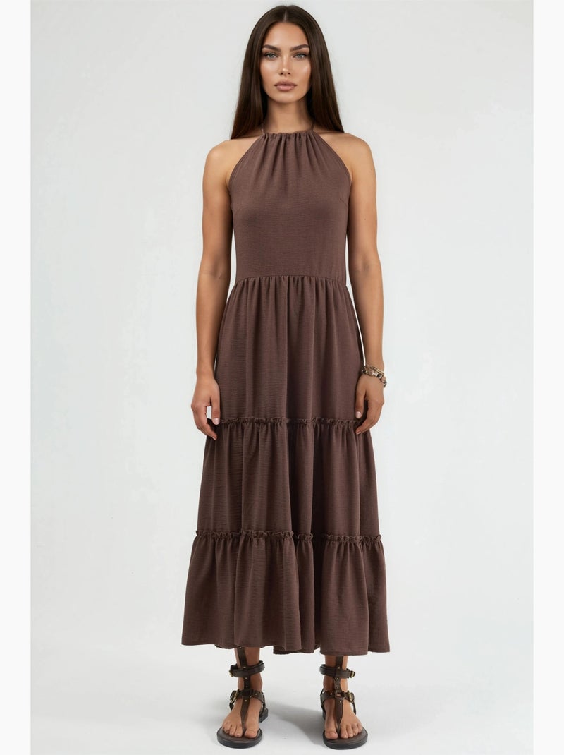 Vestido comprido com decote halter e detalhes de folhos busem Castanho-claro - Kiabi