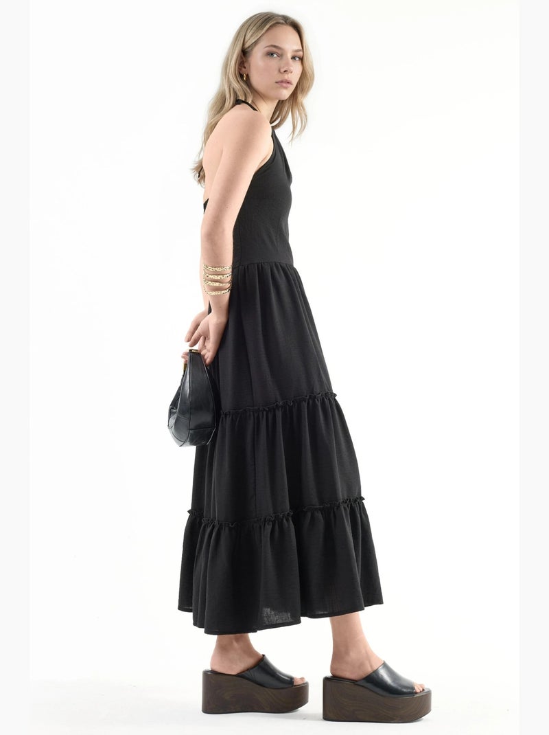 Vestido comprido com decote halter e detalhes de folhos busem Preto - Kiabi