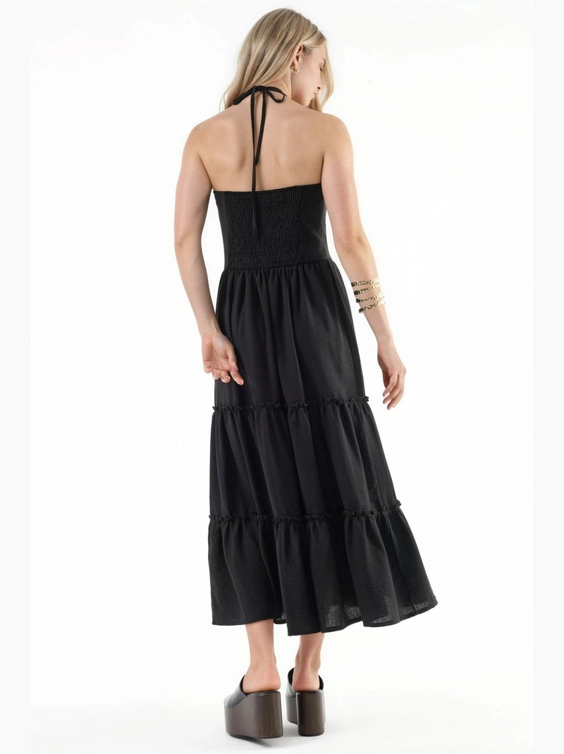 Vestido comprido com decote halter e detalhes de folhos busem Preto - Kiabi