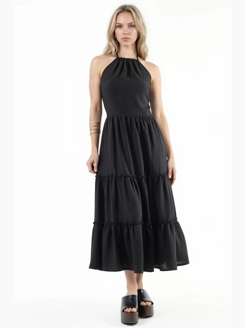 Vestido comprido com decote halter e detalhes de folhos busem Preto - Kiabi