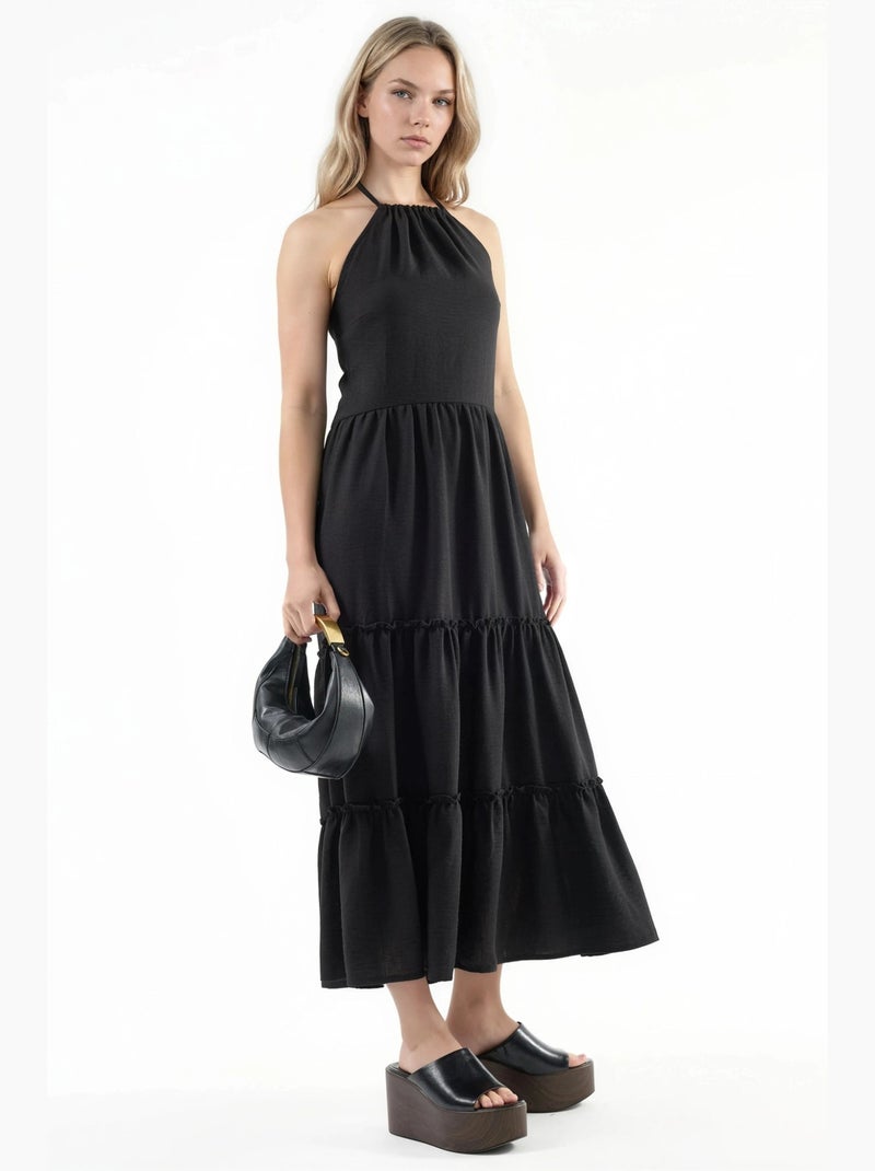Vestido comprido com decote halter e detalhes de folhos busem Preto - Kiabi