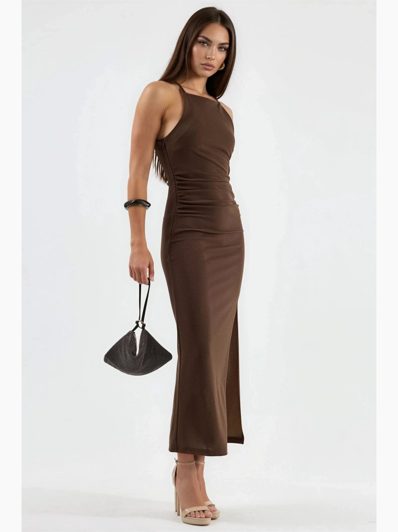 Vestido comprido com detalhe drapeado busem Castanho - Kiabi