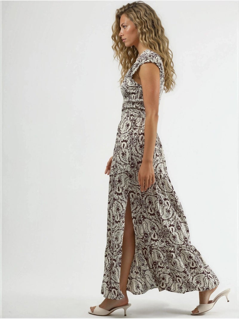 Vestido comprido com estampado paisley e gola quadrada busem Castanho-chocolate - Kiabi
