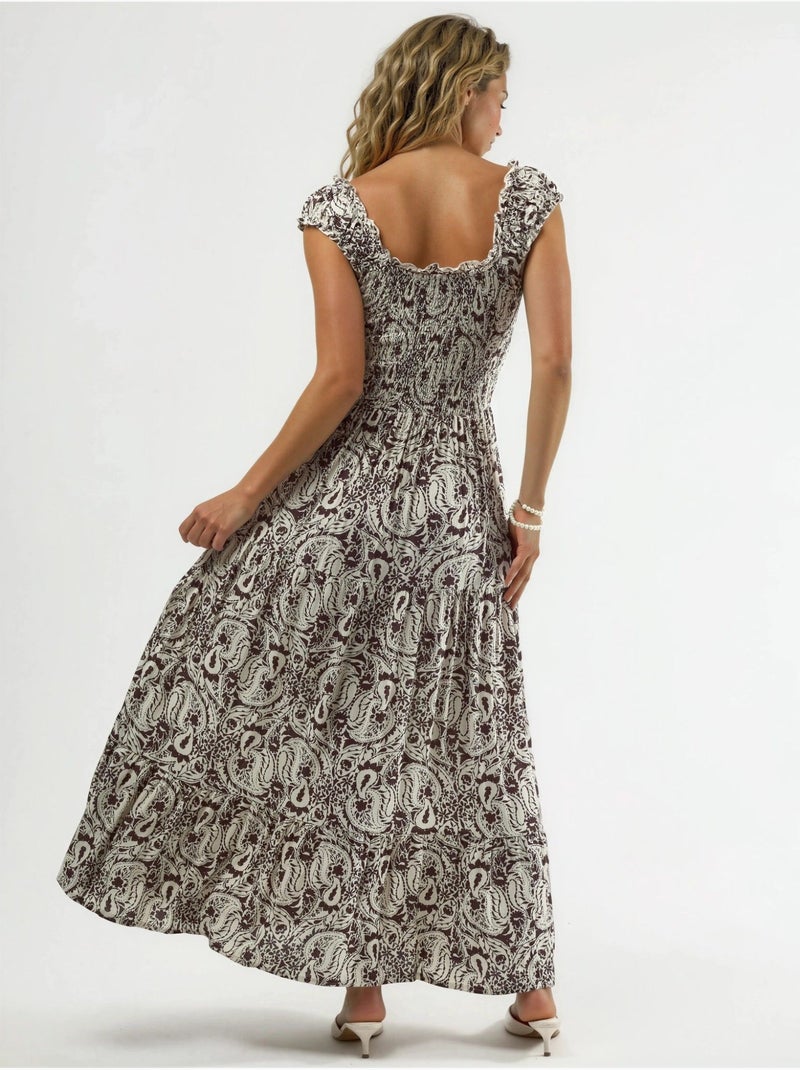 Vestido comprido com estampado paisley e gola quadrada busem Castanho-chocolate - Kiabi