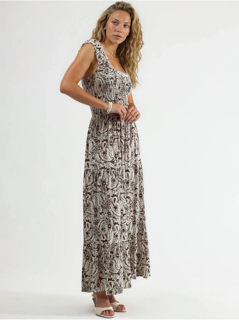 Vestido comprido com estampado paisley e gola quadrada busem Castanho-chocolate - Kiabi