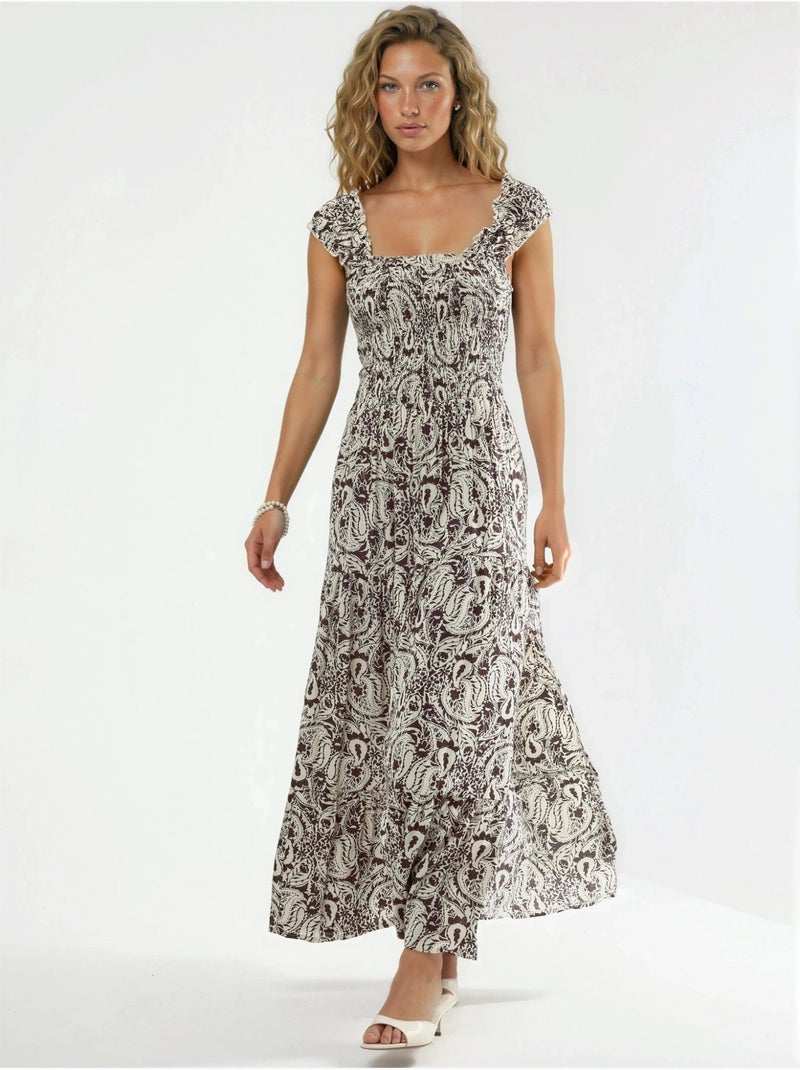 Vestido comprido com estampado paisley e gola quadrada busem Castanho-chocolate - Kiabi