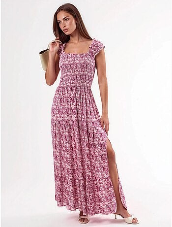 Vestido comprido com estampado paisley e gola quadrada busem