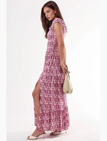 Vestido comprido com estampado paisley e gola quadrada busem